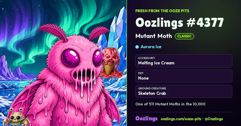 Oozlings #4377, a Classic Mutant Moth in Aurora Ice