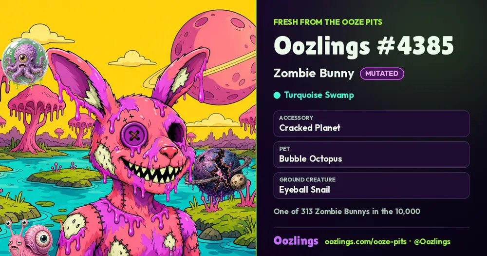 Oozlings #4385, a Mutated Zombie Bunny in Turquoise Swamp