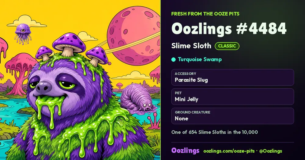 Oozlings #4484, a Classic Slime Sloth in Turquoise Swamp