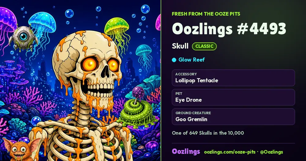 Oozlings #4493, a Classic Skull in Glow Reef