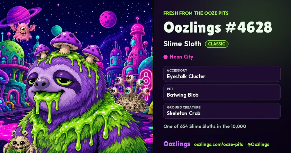 Oozlings #4628, a Classic Slime Sloth in Neon City