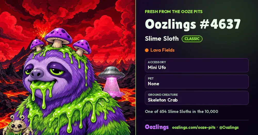 Oozlings #4637, a Classic Slime Sloth in Lava Fields