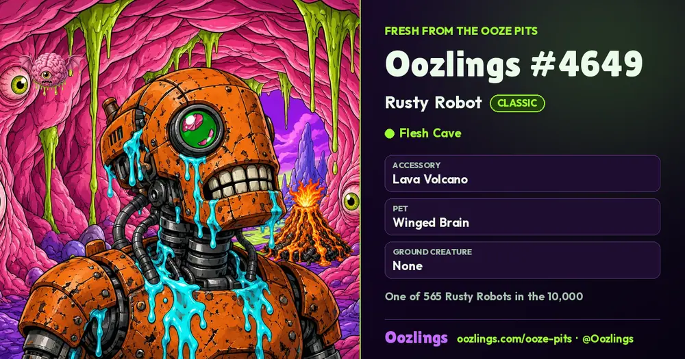 Oozlings #4649, a Classic Rusty Robot in Flesh Cave