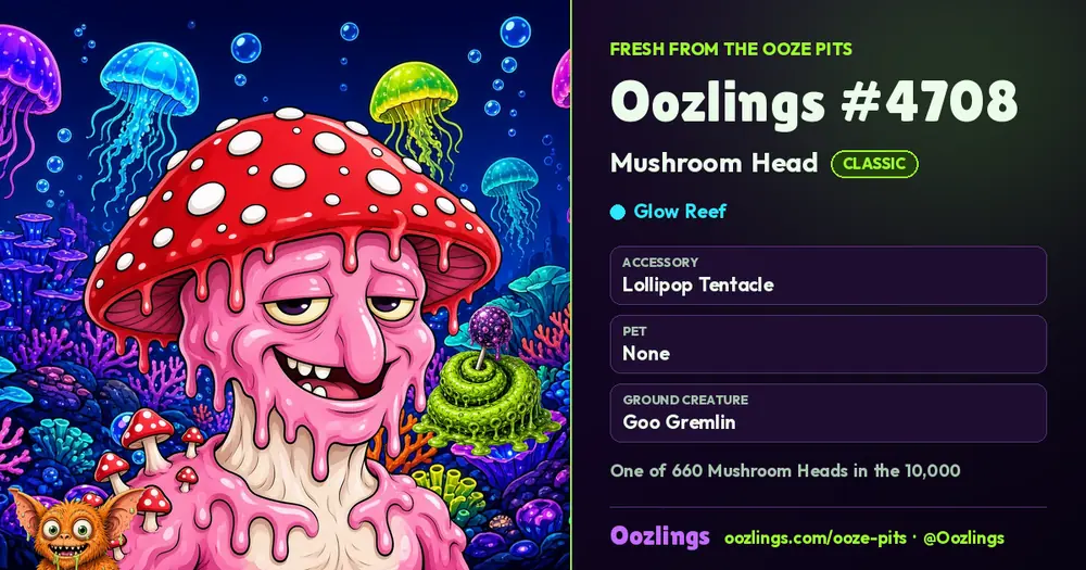 Oozlings #4708, a Classic Mushroom Head in Glow Reef