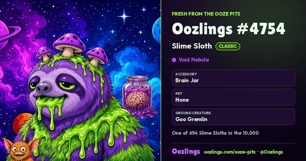 Oozlings #4754, a Classic Slime Sloth in Void Nebula