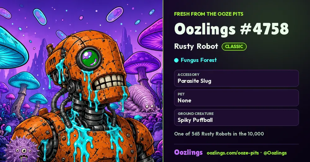 Oozlings #4758, a Classic Rusty Robot in Fungus Forest