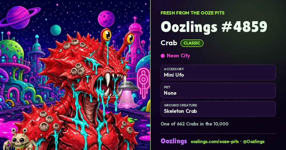 Oozlings #4859, a Classic Crab in Neon City