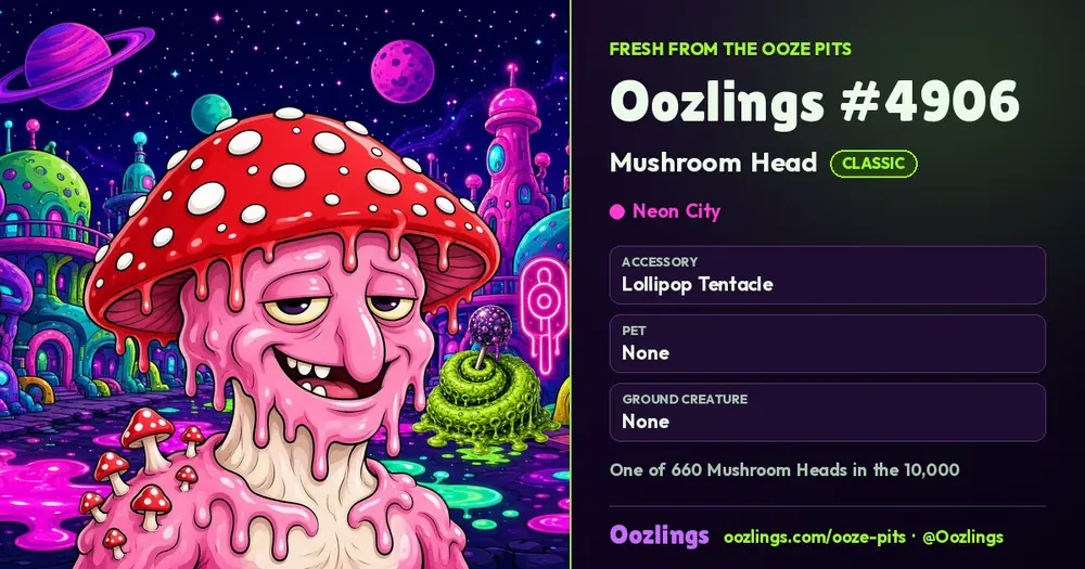 Oozlings #4906, a Classic Mushroom Head in Neon City