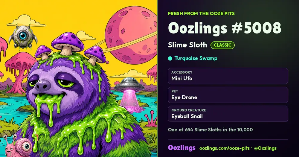 Oozlings #5008, a Classic Slime Sloth in Turquoise Swamp