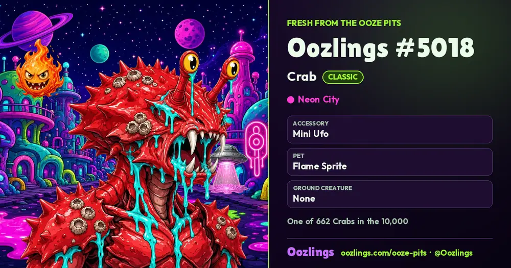 Oozlings #5018, a Classic Crab in Neon City