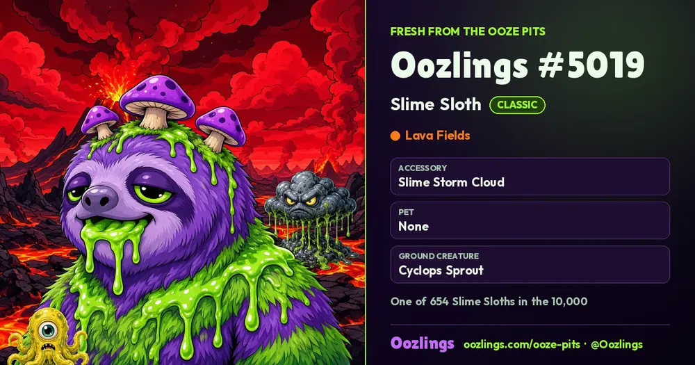 Oozlings #5019, a Classic Slime Sloth in Lava Fields