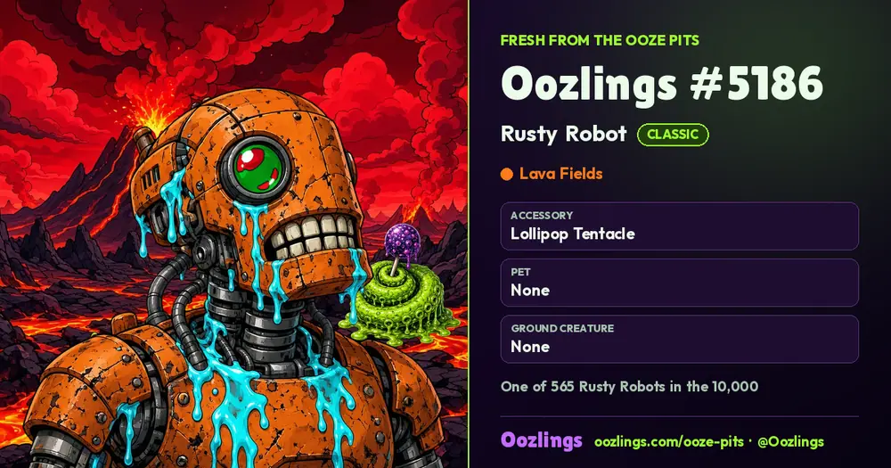 Oozlings #5186, a Classic Rusty Robot in Lava Fields