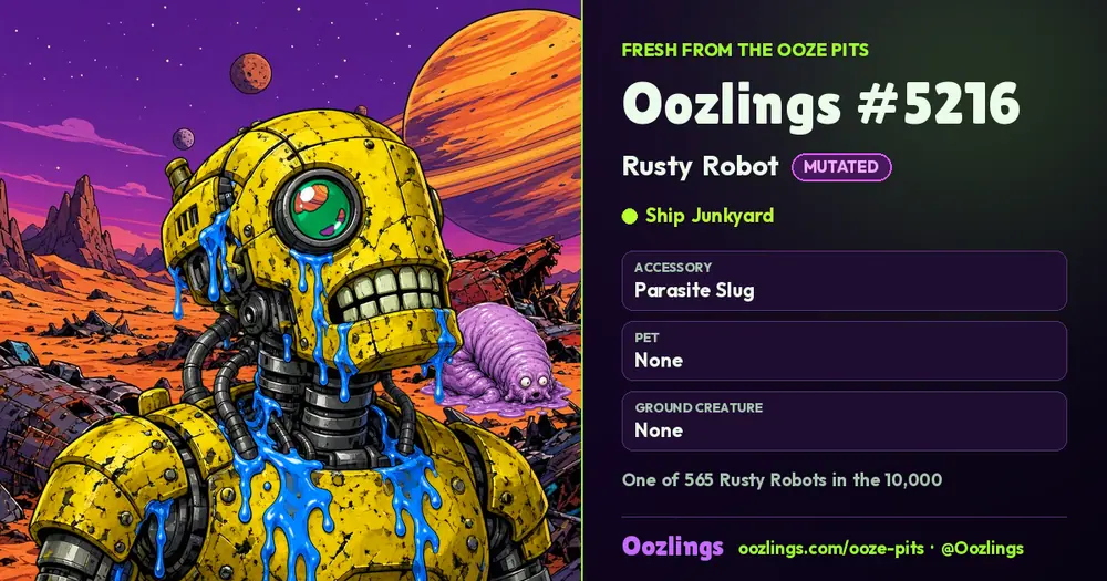 Oozlings #5216, a Mutated Rusty Robot in Ship Junkyard