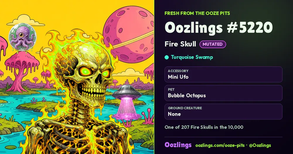 Oozlings #5220, a Mutated Fire Skull in Turquoise Swamp