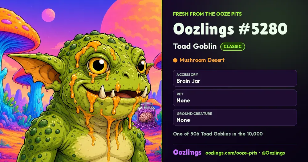 Oozlings #5280, a Classic Toad Goblin in Mushroom Desert