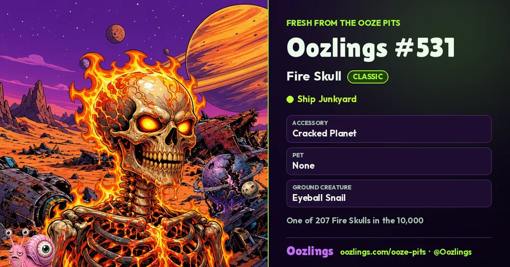 Oozlings #531, a Classic Fire Skull in Ship Junkyard