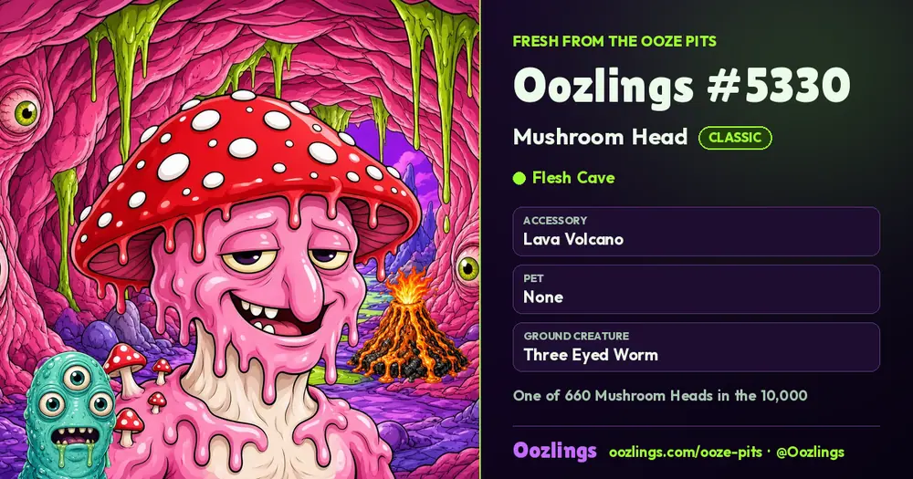 Oozlings #5330, a Classic Mushroom Head in Flesh Cave