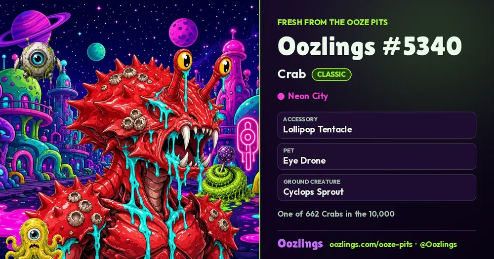 Oozlings #5340, a Classic Crab in Neon City
