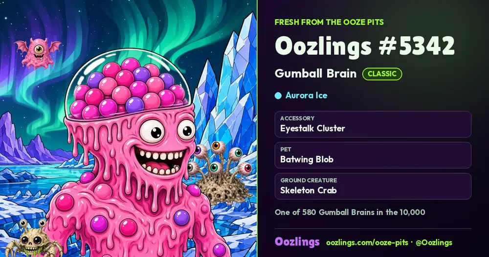 Oozlings #5342, a Classic Gumball Brain in Aurora Ice