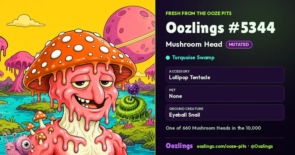 Oozlings #5344, a Mutated Mushroom Head in Turquoise Swamp