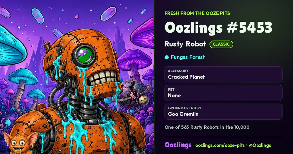Oozlings #5453, a Classic Rusty Robot in Fungus Forest