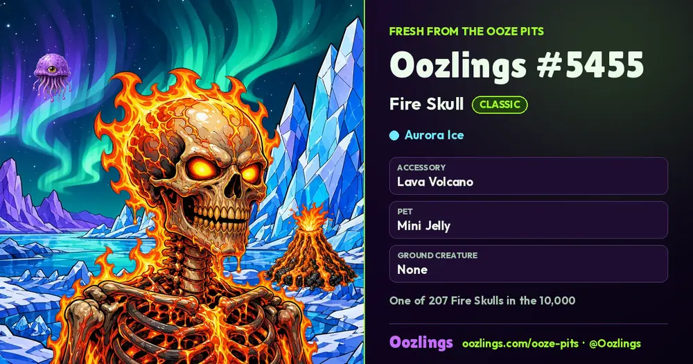 Oozlings #5455, a Classic Fire Skull in Aurora Ice