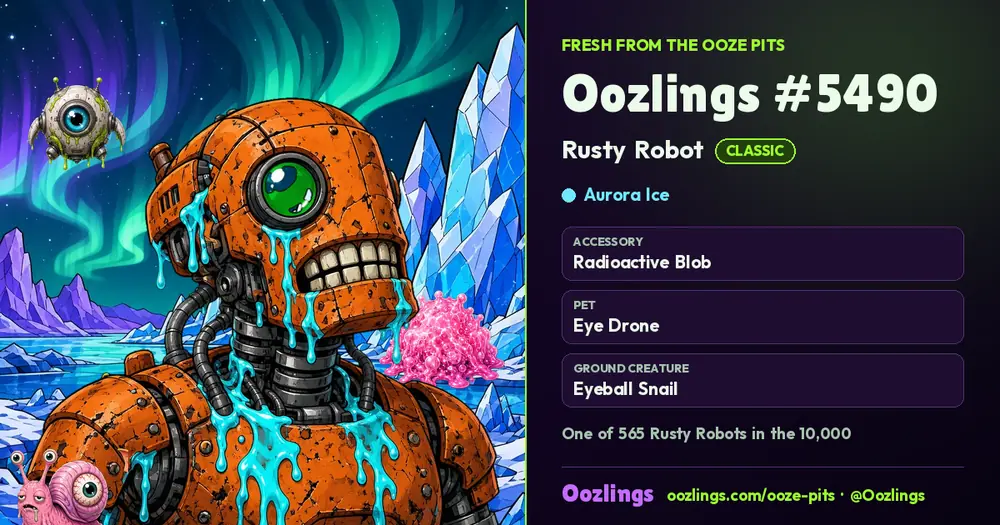 Oozlings #5490, a Classic Rusty Robot in Aurora Ice