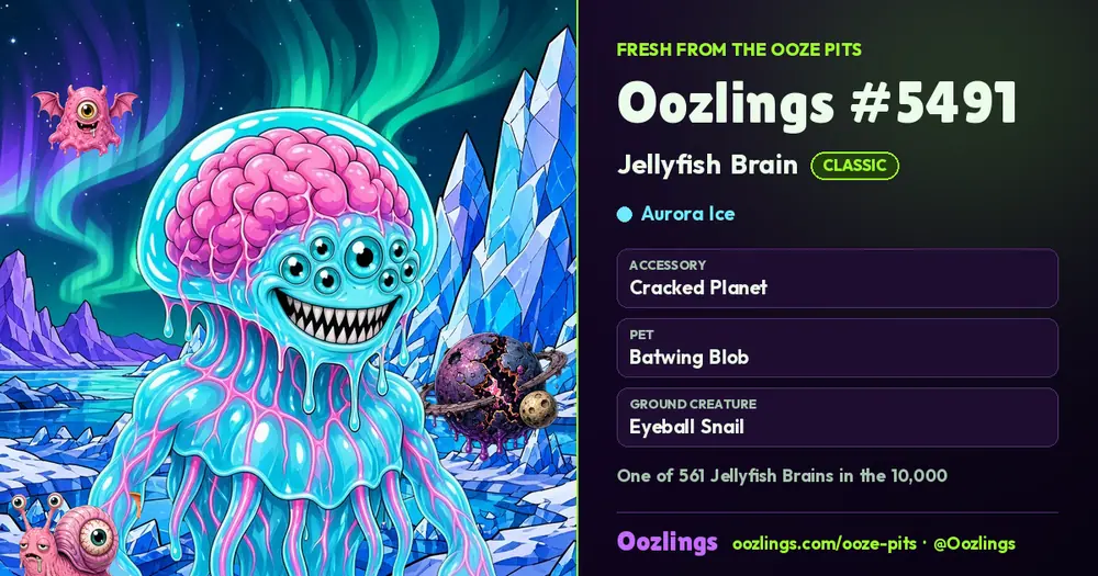 Oozlings #5491, a Classic Jellyfish Brain in Aurora Ice