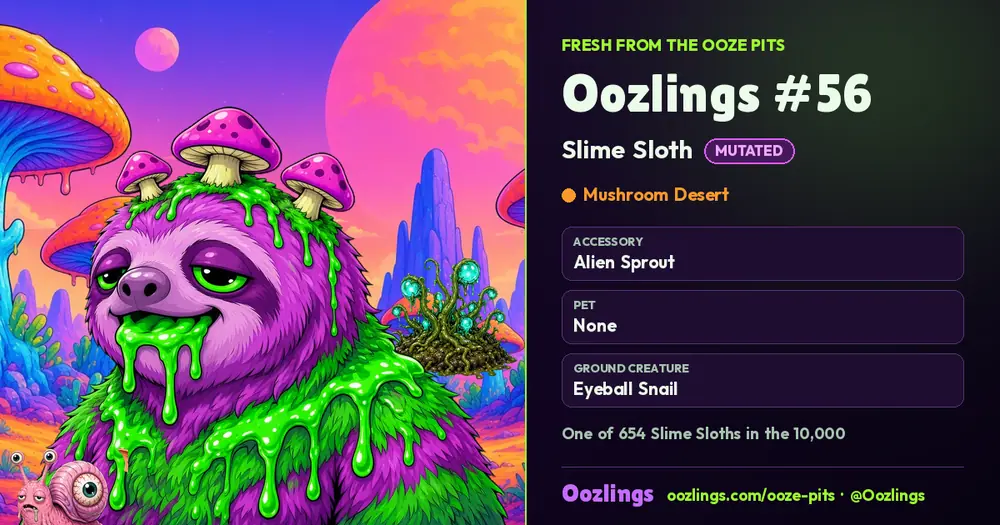 Oozlings #56, a Mutated Slime Sloth in Mushroom Desert