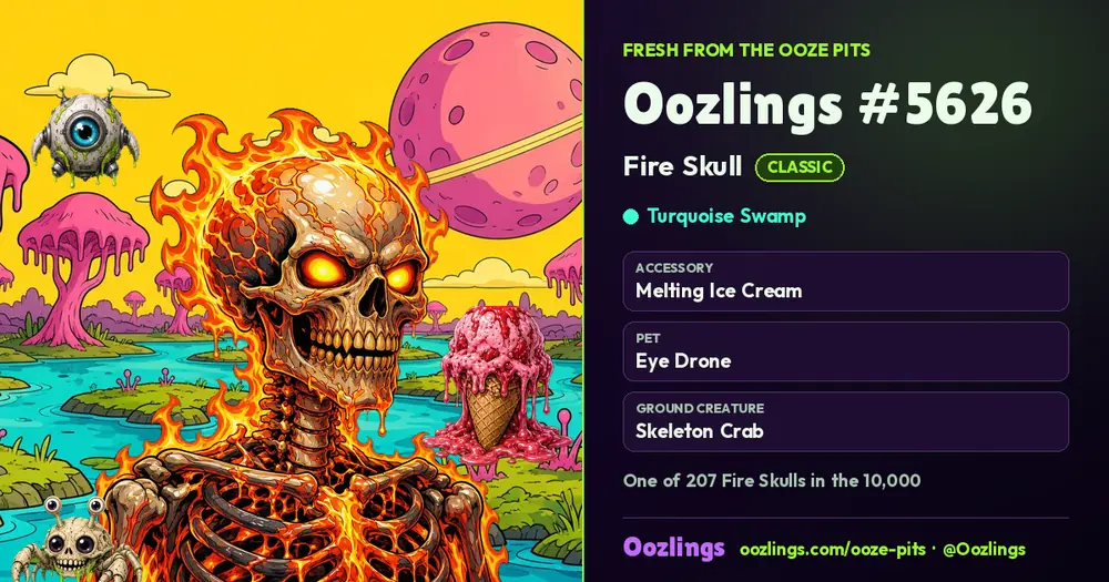 Oozlings #5626, a Classic Fire Skull in Turquoise Swamp