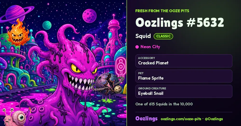 Oozlings #5632, a Classic Squid in Neon City