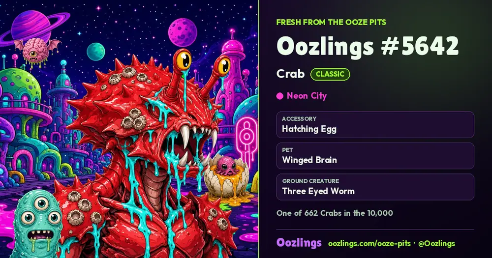 Oozlings #5642, a Classic Crab in Neon City