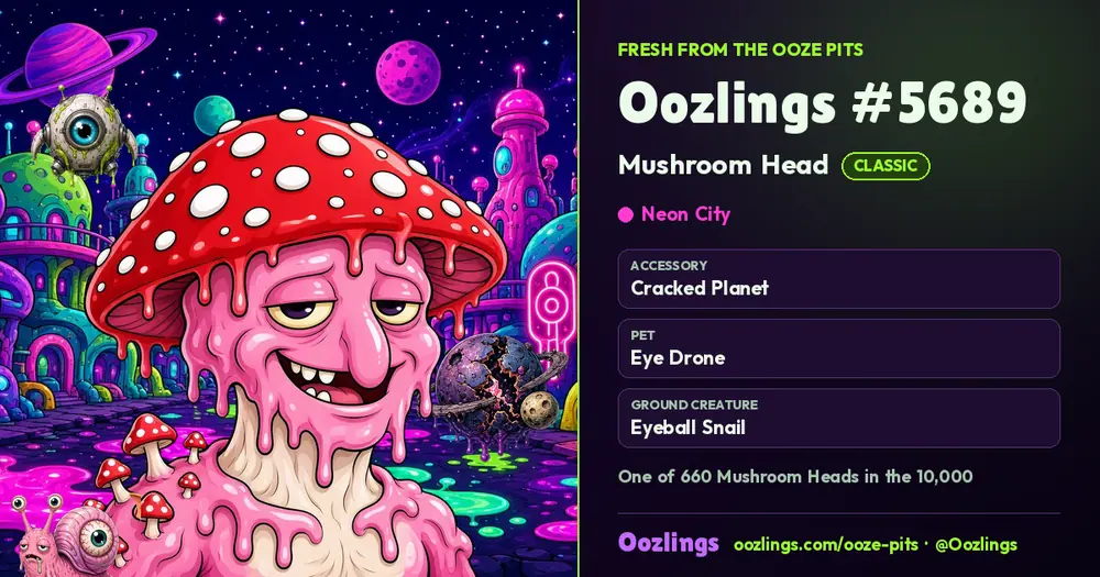 Oozlings #5689, a Classic Mushroom Head in Neon City