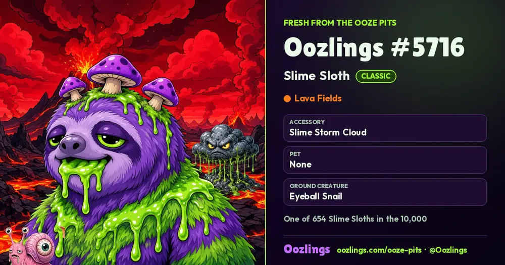 Oozlings #5716, a Classic Slime Sloth in Lava Fields