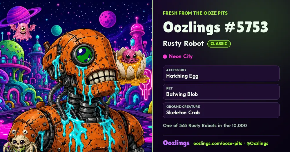 Oozlings #5753, a Classic Rusty Robot in Neon City