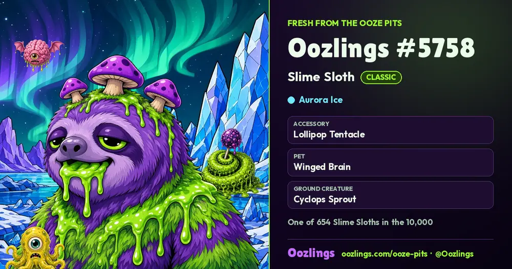 Oozlings #5758, a Classic Slime Sloth in Aurora Ice