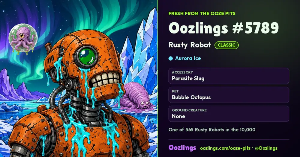 Oozlings #5789, a Classic Rusty Robot in Aurora Ice