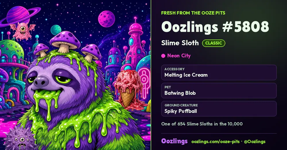 Oozlings #5808, a Classic Slime Sloth in Neon City