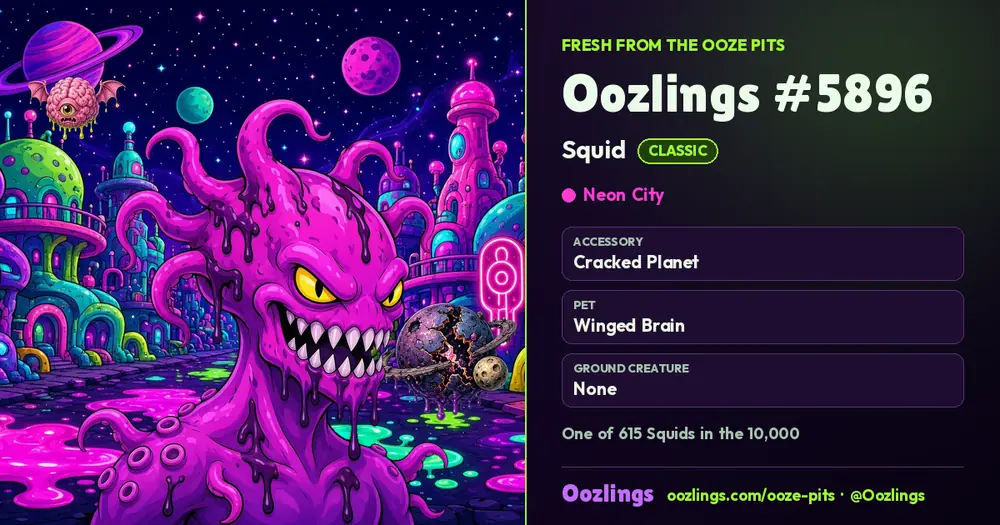 Oozlings #5896, a Classic Squid in Neon City