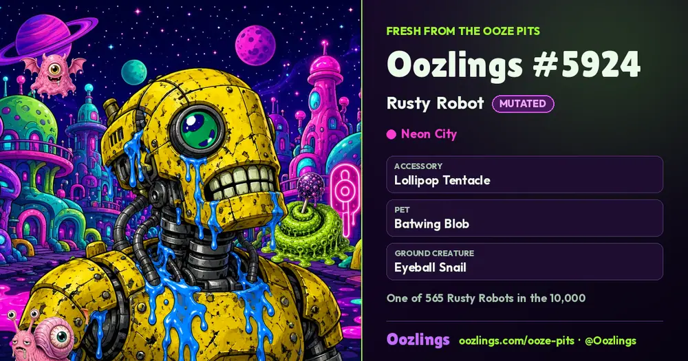 Oozlings #5924, a Mutated Rusty Robot in Neon City