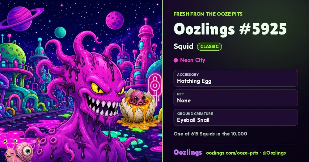Oozlings #5925, a Classic Squid in Neon City