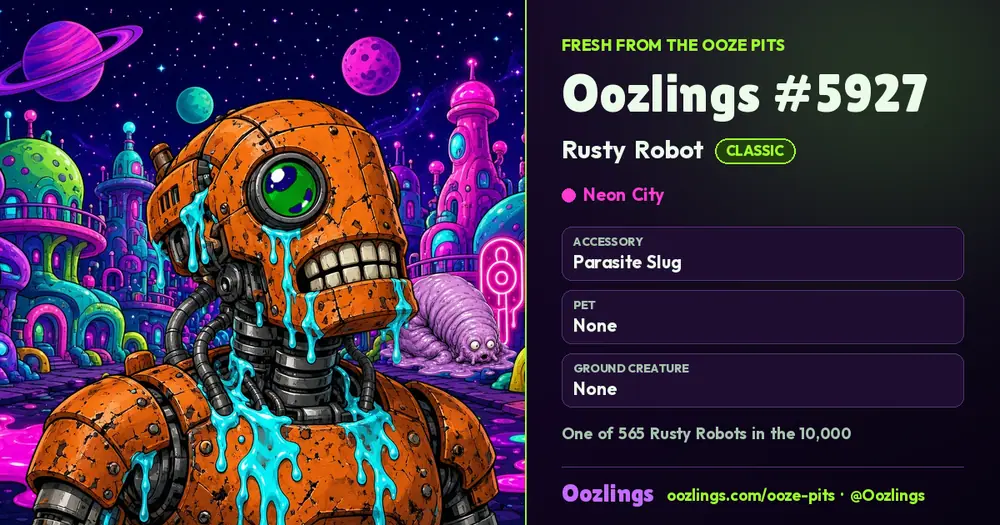 Oozlings #5927, a Classic Rusty Robot in Neon City
