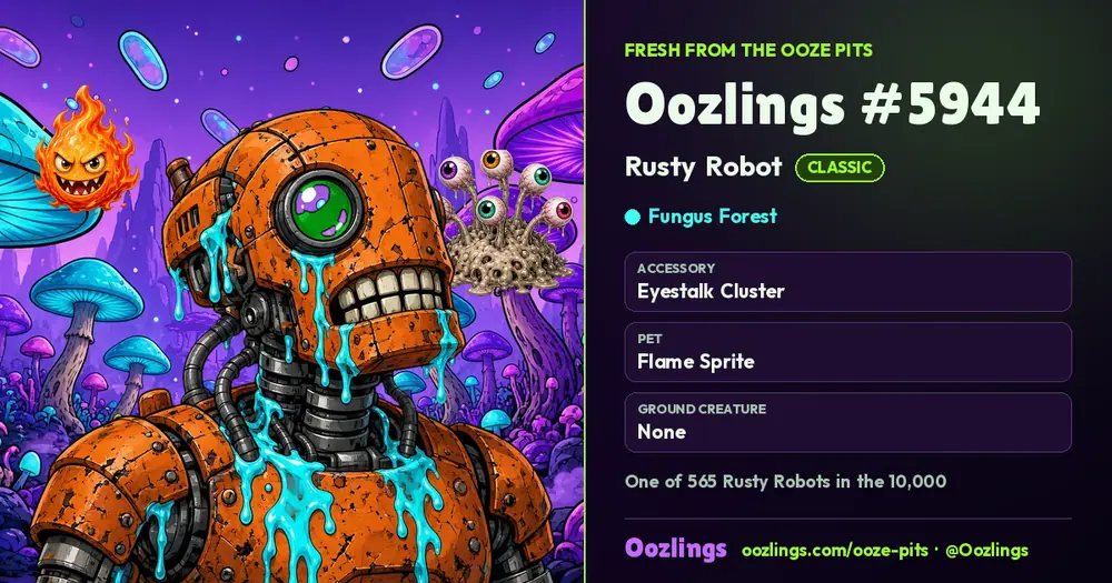 Oozlings #5944, a Classic Rusty Robot in Fungus Forest