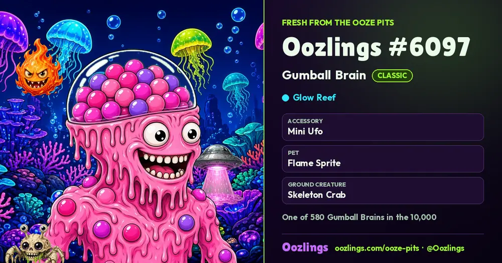Oozlings #6097, a Classic Gumball Brain in Glow Reef