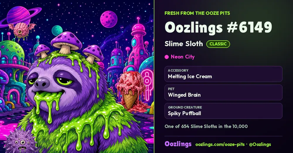 Oozlings #6149, a Classic Slime Sloth in Neon City