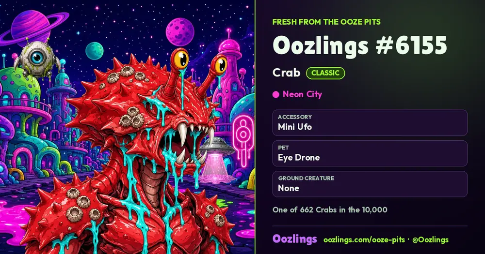 Oozlings #6155, a Classic Crab in Neon City