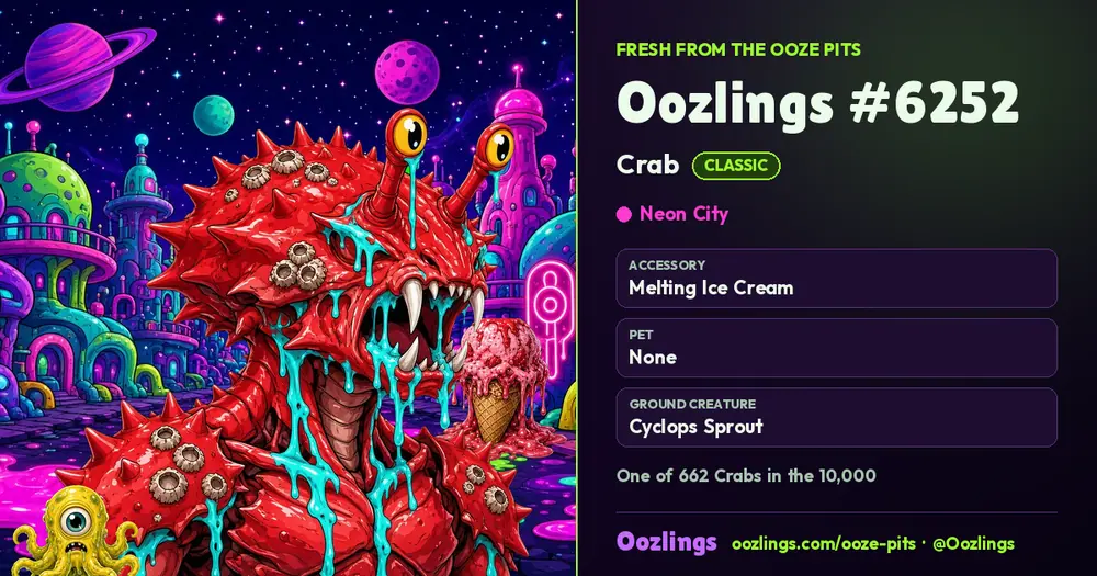 Oozlings #6252, a Classic Crab in Neon City