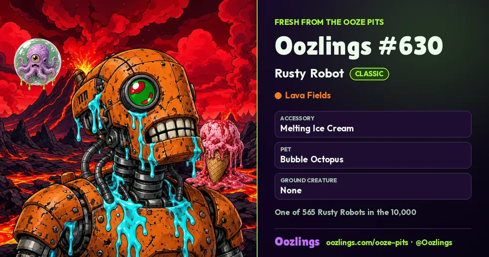 Oozlings #630, a Classic Rusty Robot in Lava Fields