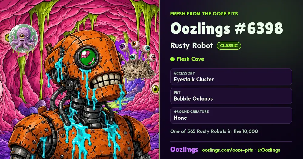 Oozlings #6398, a Classic Rusty Robot in Flesh Cave