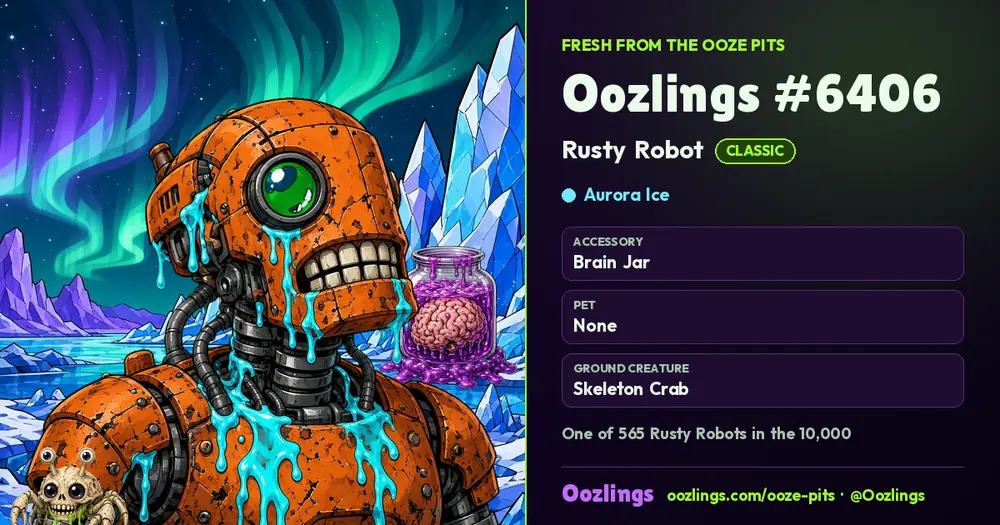 Oozlings #6406, a Classic Rusty Robot in Aurora Ice